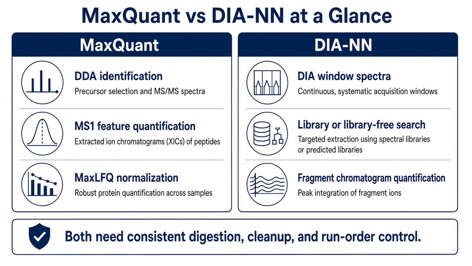 Side-by-side comparison of MaxQuant for DDA MaxLFQ versus DIA-NN for DIA fragment quantification, both requiring consistent digestion and run-order control Side-by-side comparison of MaxQuant for DDA MaxLFQ versus DIA-NN for DIA fragment quantification, both requiring consistent digestion and run-order control