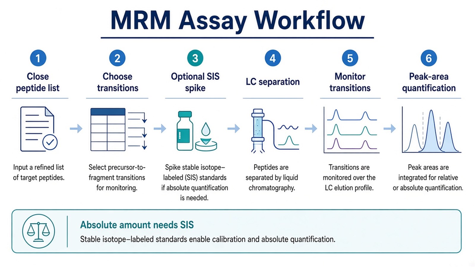 MRM assay workflow from closing the peptide list and choosing transitions through optional SIS, LC separation, transition monitoring, and peak-area quantification MRM assay workflow from closing the peptide list and choosing transitions through optional SIS, LC separation, transition monitoring, and peak-area quantification
