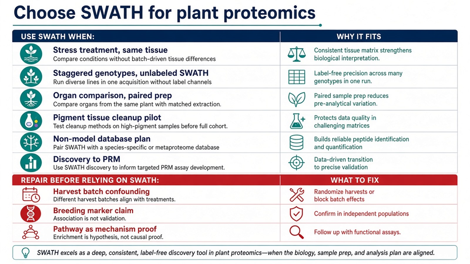 Choosing plant SWATH applications by tissue contrast, enrollment, species database plan, and discovery versus targeted follow-up Choosing plant SWATH applications by tissue contrast, enrollment, species database plan, and discovery versus targeted follow-up
