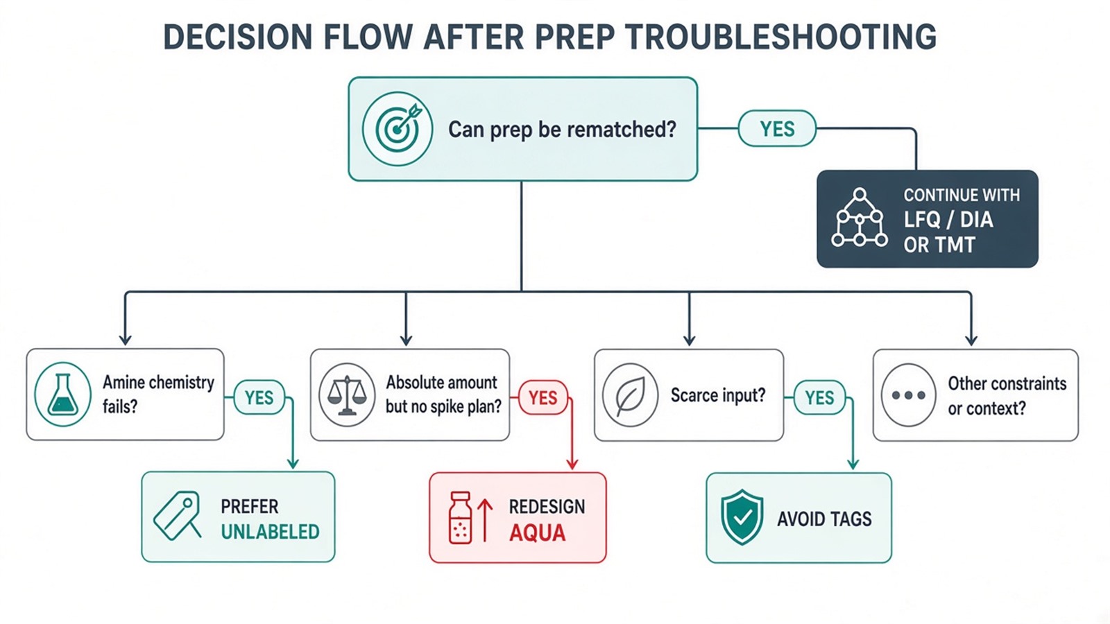 Decision flow after prep troubleshooting toward rematched LFQ DIA or TMT, unlabeled fallback, or AQUA redesign Decision flow after prep troubleshooting toward rematched LFQ DIA or TMT, unlabeled fallback, or AQUA redesign