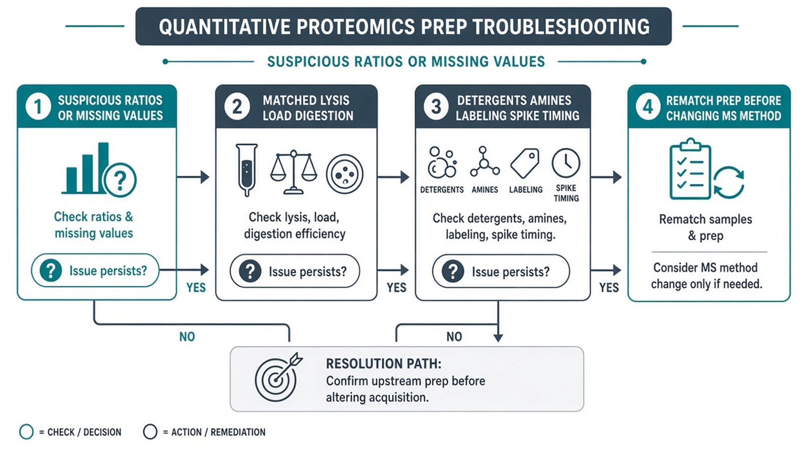 Troubleshooting flow from suspicious quantitative results to matched lysis load digestion checks and only then acquisition changes Troubleshooting flow from suspicious quantitative results to matched lysis load digestion checks and only then acquisition changes