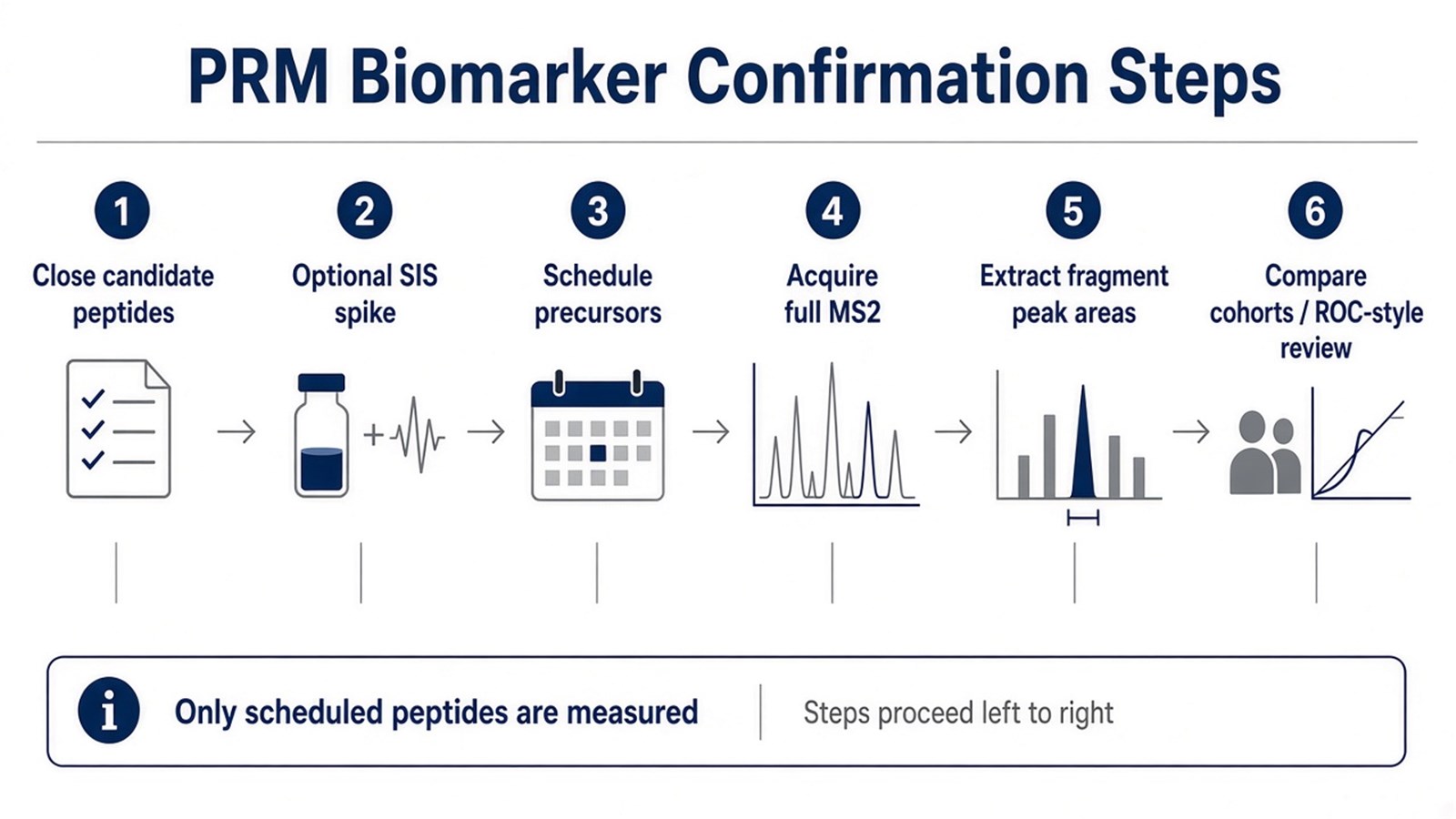 Six-step PRM biomarker confirmation workflow from closing candidate peptides through optional SIS, precursor scheduling, full MS2, fragment extraction, and cohort comparison