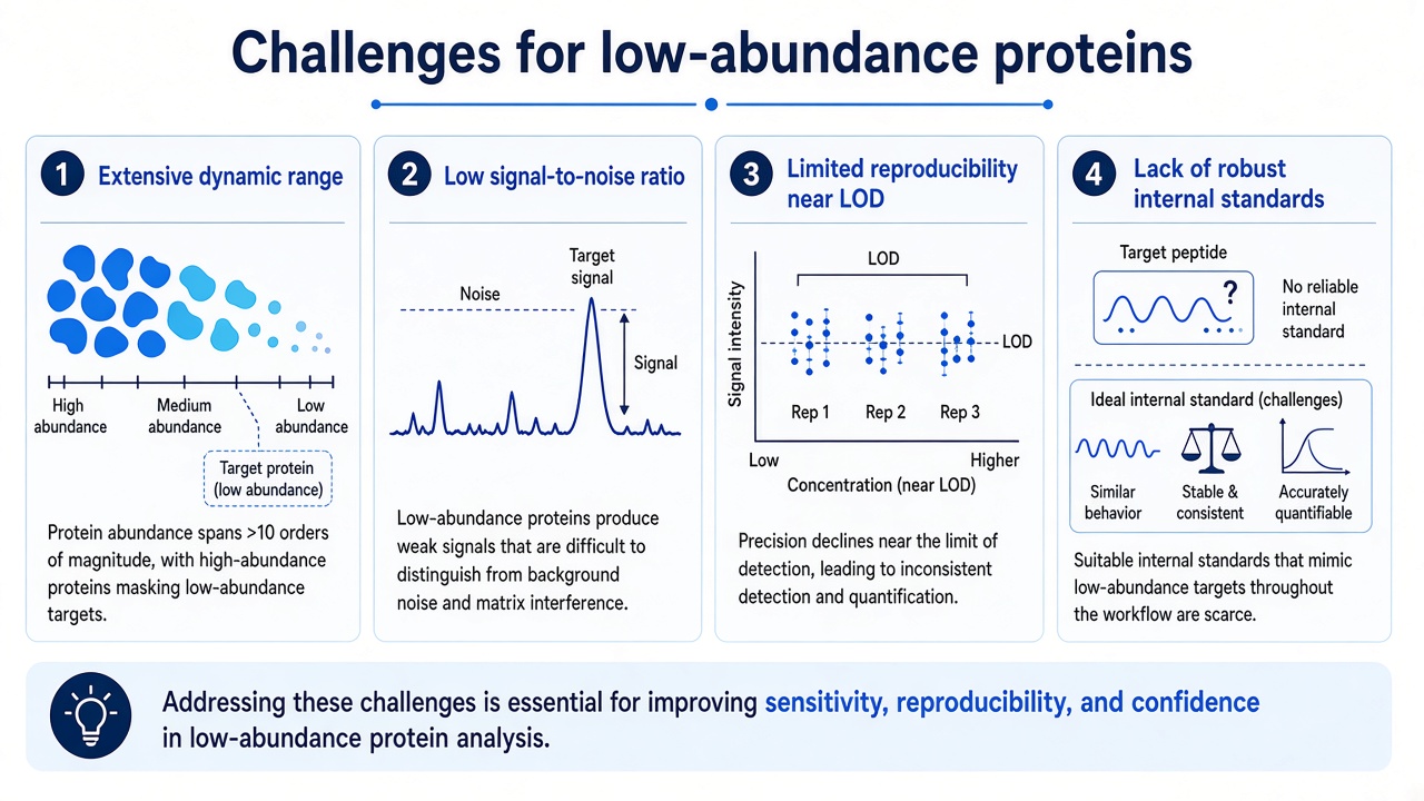 Four challenges in low-abundance protein analysis: dynamic range, low signal-to-noise, limited reproducibility, and lack of robust internal standards