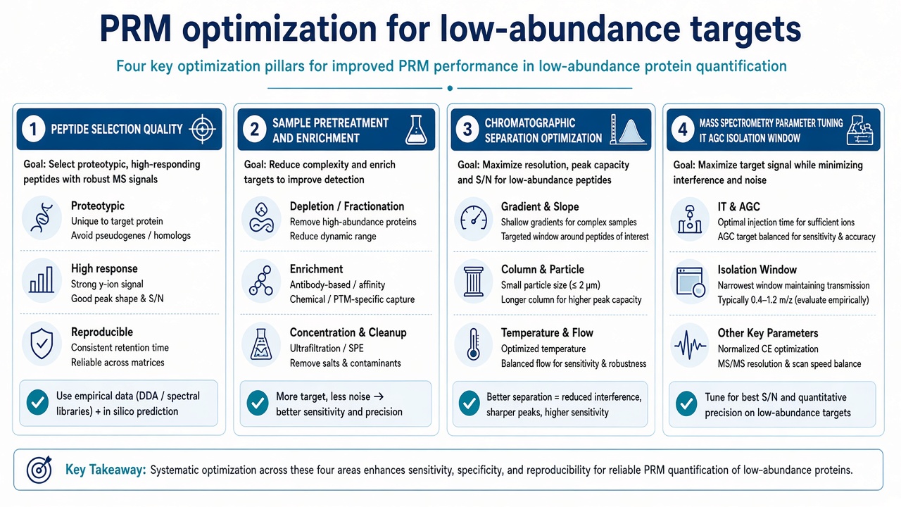 Optimization factors for PRM of low-abundance proteins including peptide selection, enrichment, chromatography, and MS parameter tuning