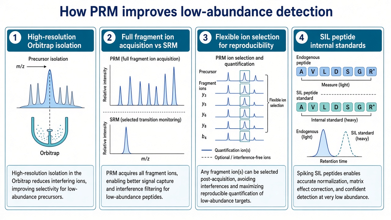 How PRM improves low-abundance detection through high-resolution isolation, full fragment acquisition, flexible ion selection, and SIL internal standards