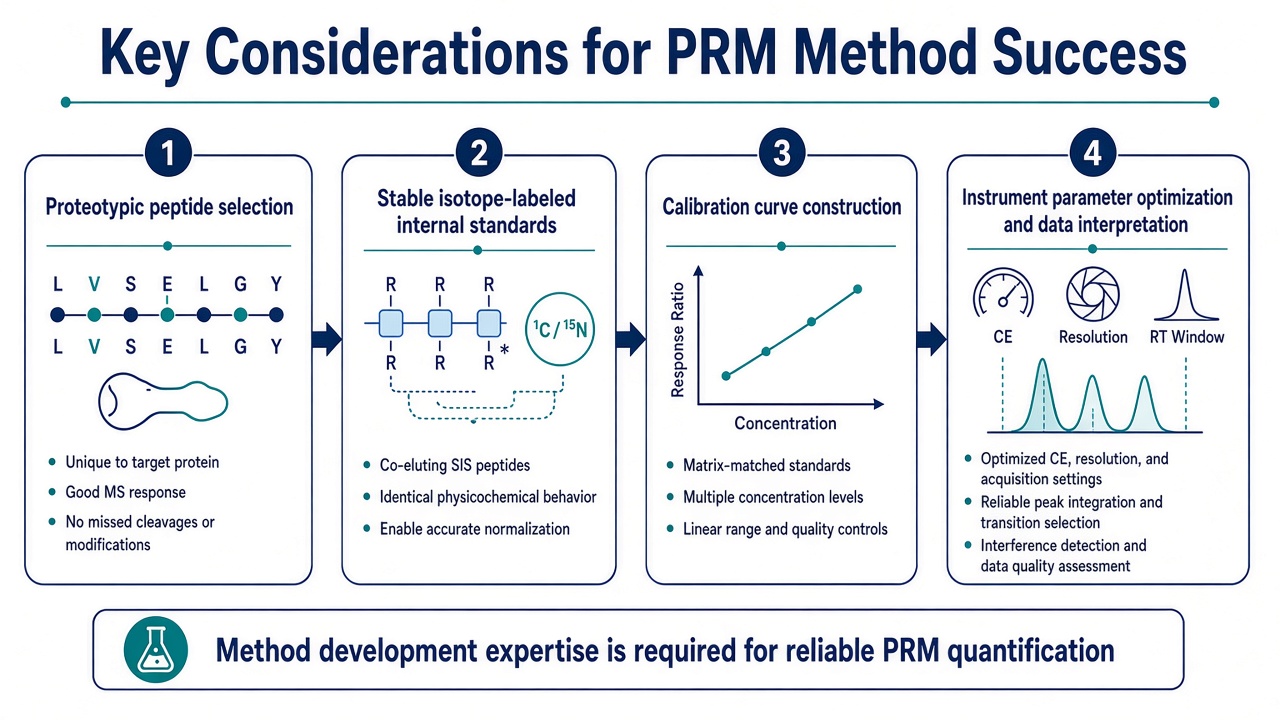 Key PRM method considerations covering proteotypic peptide selection, SIL standards, calibration curves, and instrument optimization Key PRM method considerations covering proteotypic peptide selection, SIL standards, calibration curves, and instrument optimization
