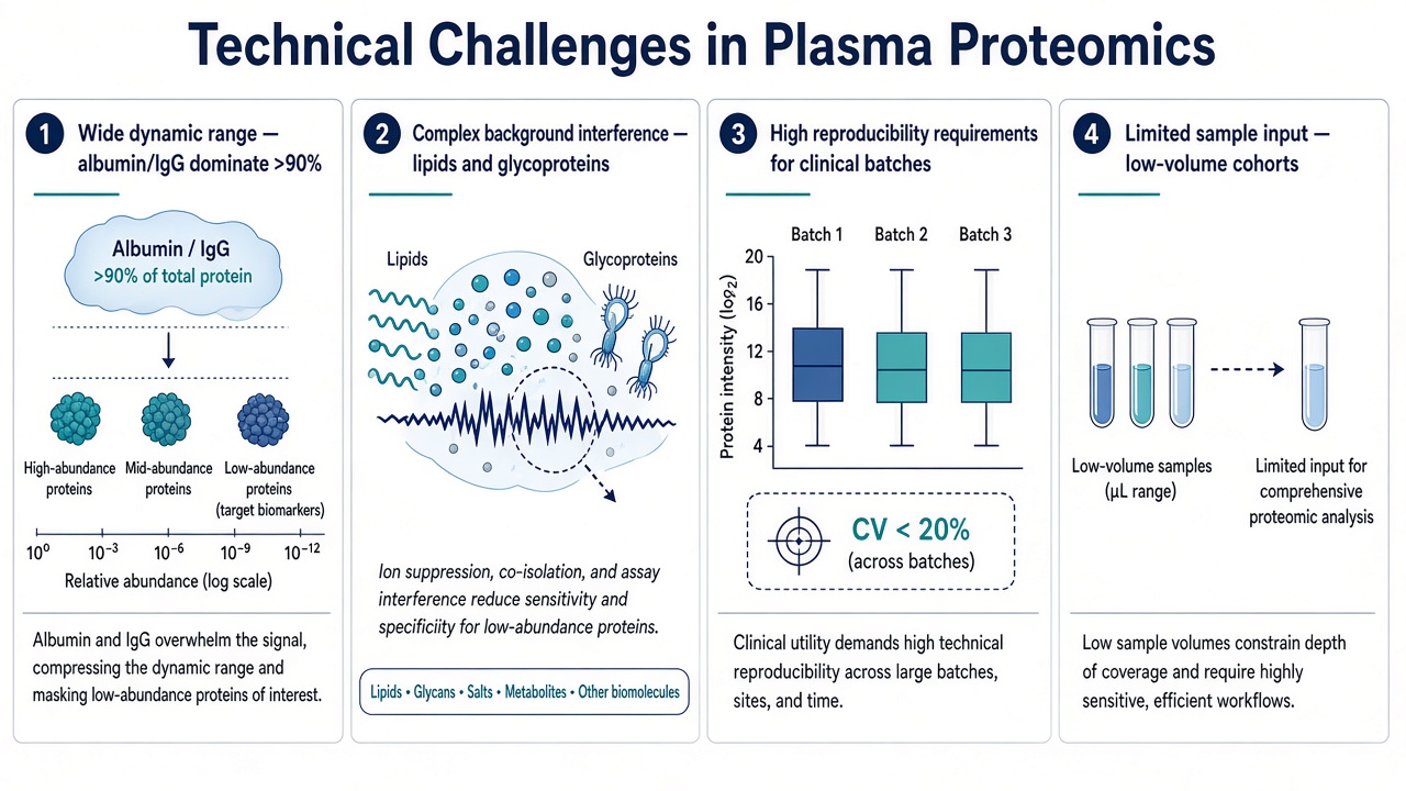 Four technical challenges in plasma proteomics including wide dynamic range, background interference, reproducibility demands, and limited sample input Four technical challenges in plasma proteomics including wide dynamic range, background interference, reproducibility demands, and limited sample input