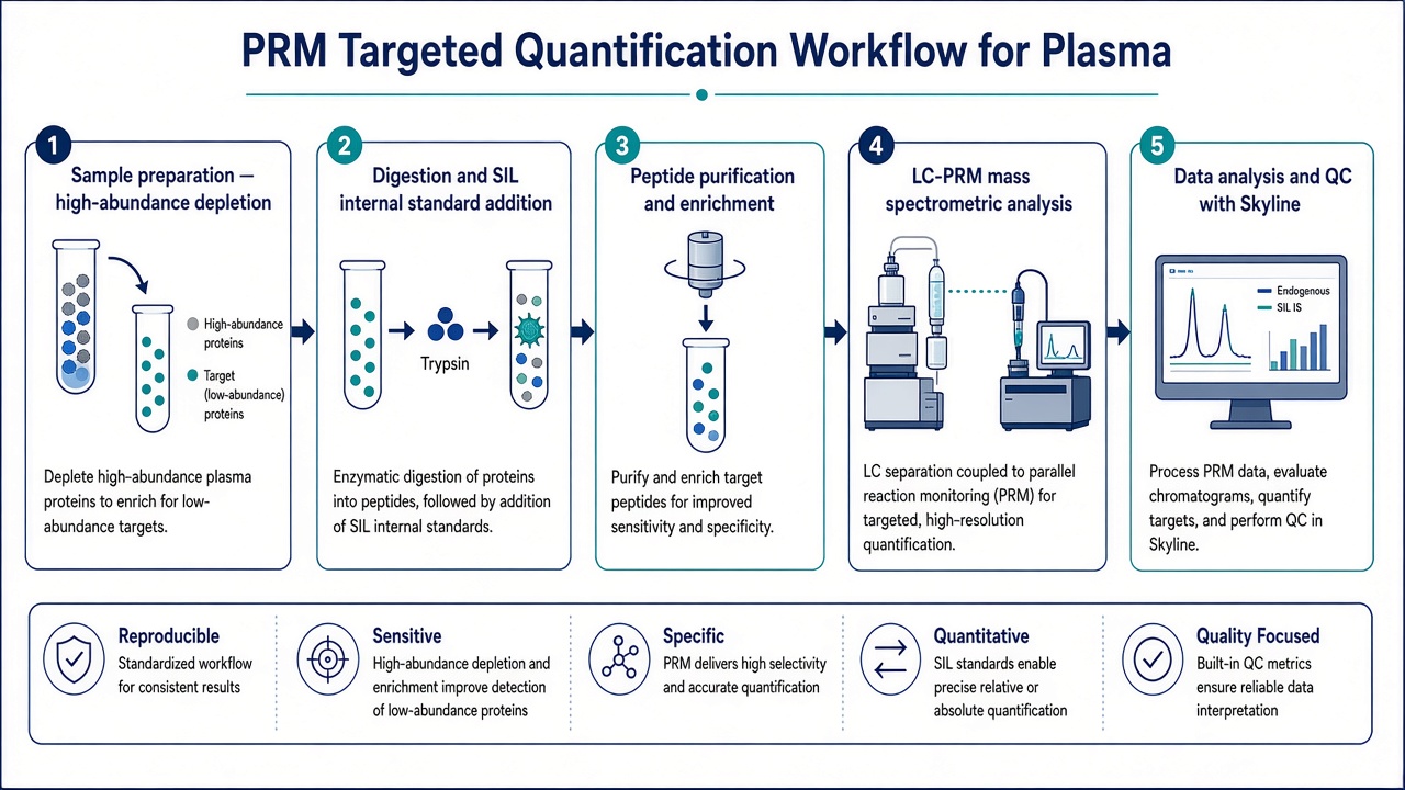 Five-step PRM plasma workflow from high-abundance depletion and SIL spike-in through LC-PRM acquisition to Skyline QC Five-step PRM plasma workflow from high-abundance depletion and SIL spike-in through LC-PRM acquisition to Skyline QC