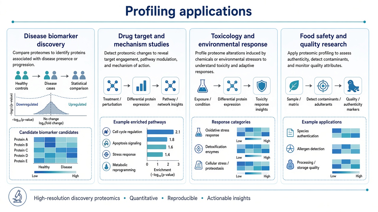 Application domains for differential protein expression including biomarker discovery, drug mechanism studies, toxicology, and food quality research Application domains for differential protein expression including biomarker discovery, drug mechanism studies, toxicology, and food quality research