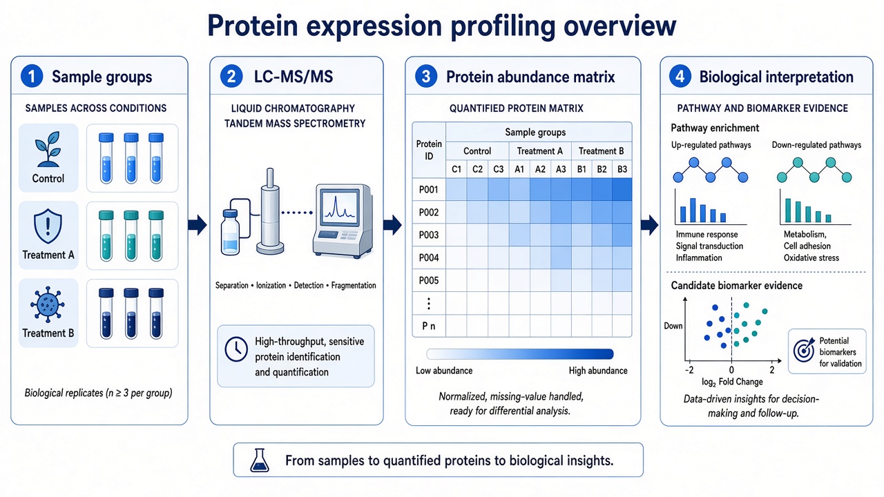 Concept flow from sample groups through LC-MS/MS to a quantified protein matrix and biological interpretation Concept flow from sample groups through LC-MS/MS to a quantified protein matrix and biological interpretation