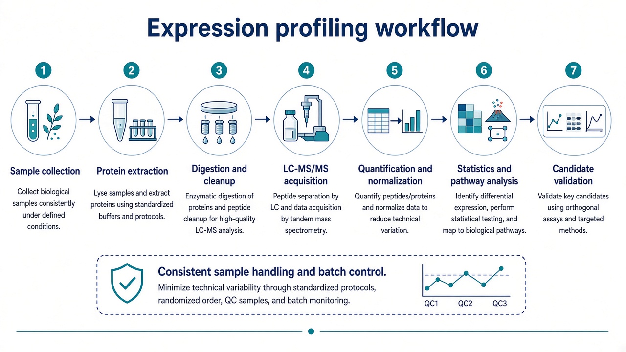 End-to-end protein expression profiling workflow emphasizing consistent sample handling and batch-aware analysis End-to-end protein expression profiling workflow emphasizing consistent sample handling and batch-aware analysis
