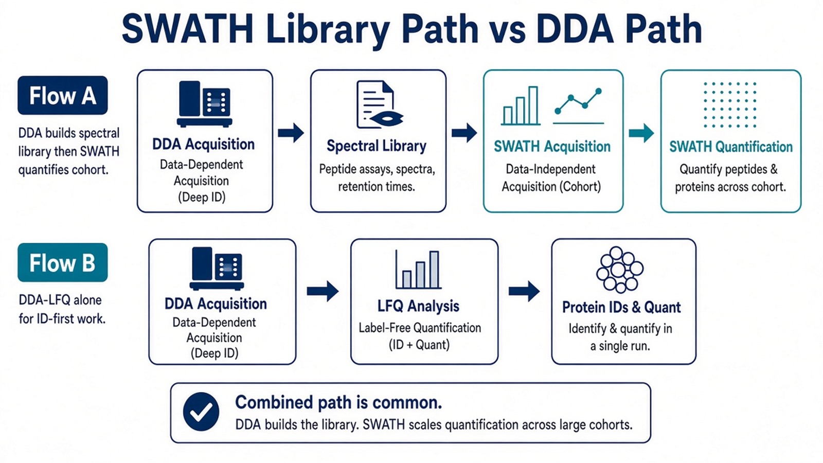 Common research path using DDA-MS to build a spectral library then SWATH-MS to quantify a cohort, beside DDA-LFQ alone Common research path using DDA-MS to build a spectral library then SWATH-MS to quantify a cohort, beside DDA-LFQ alone