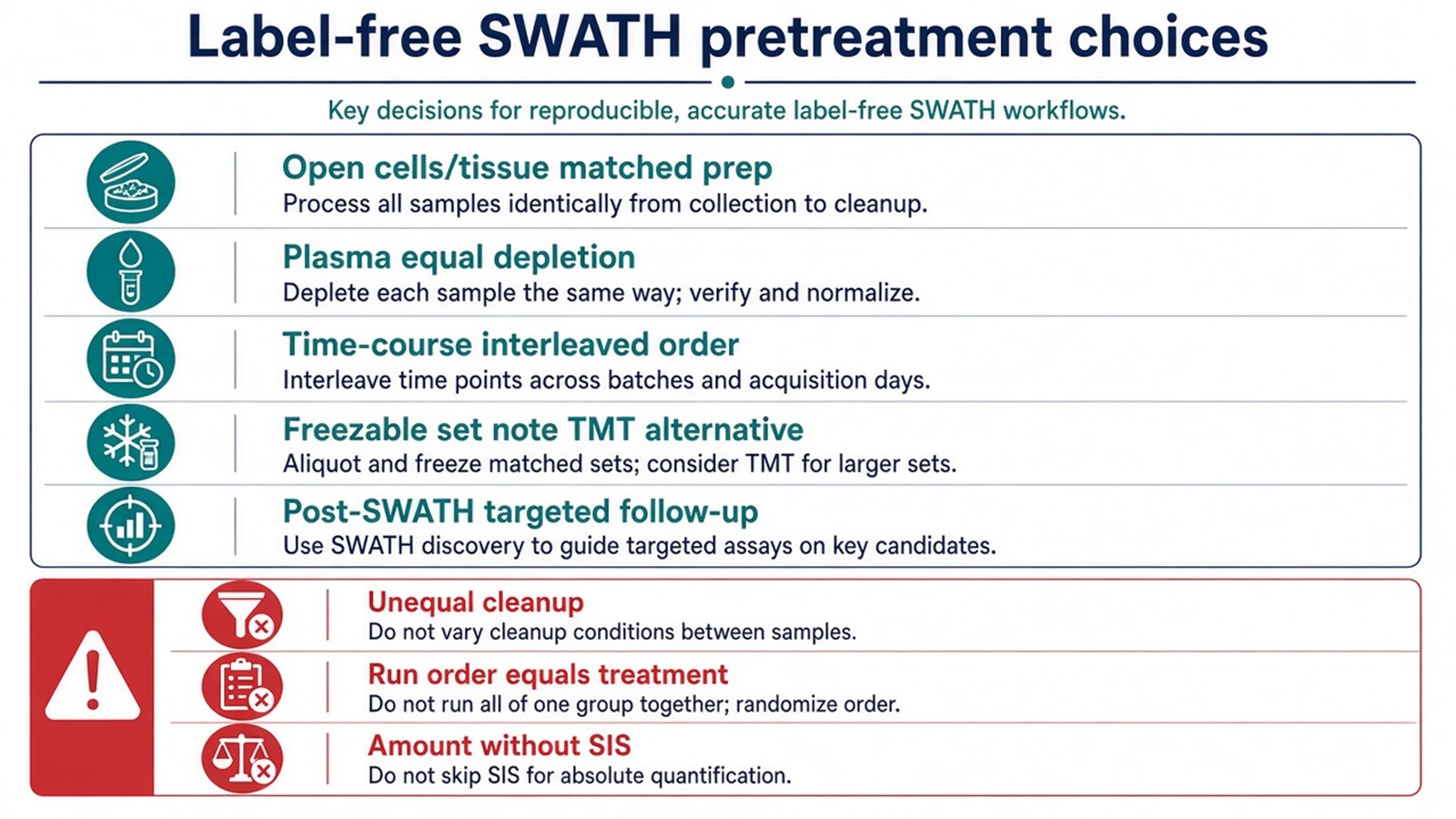Choosing label-free SWATH pretreatment by matrix, open cohort rules, and relative versus targeted follow-up