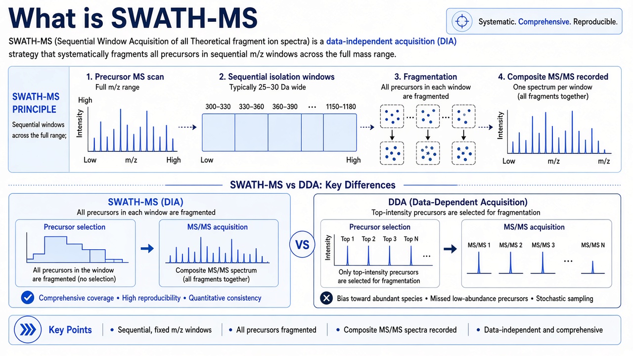 SWATH-MS principle showing sequential m/z windows with fragmentation of all precursors in each window, contrasted with DDA intensity-based selection SWATH-MS principle showing sequential m/z windows with fragmentation of all precursors in each window, contrasted with DDA intensity-based selection