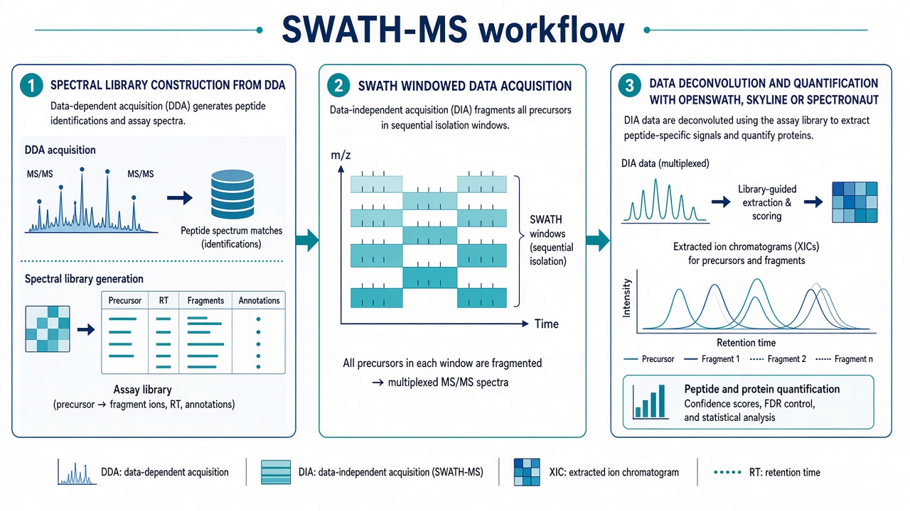 Three-step SWATH-MS workflow from spectral library construction through windowed acquisition to deconvolution and quantification Three-step SWATH-MS workflow from spectral library construction through windowed acquisition to deconvolution and quantification