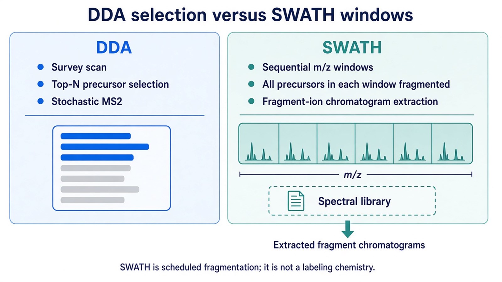 Schematic comparing DDA top-N precursor selection with SWATH sequential m/z windows and later extraction of fragment-ion chromatograms against a spectral library Schematic comparing DDA top-N precursor selection with SWATH sequential m/z windows and later extraction of fragment-ion chromatograms against a spectral library