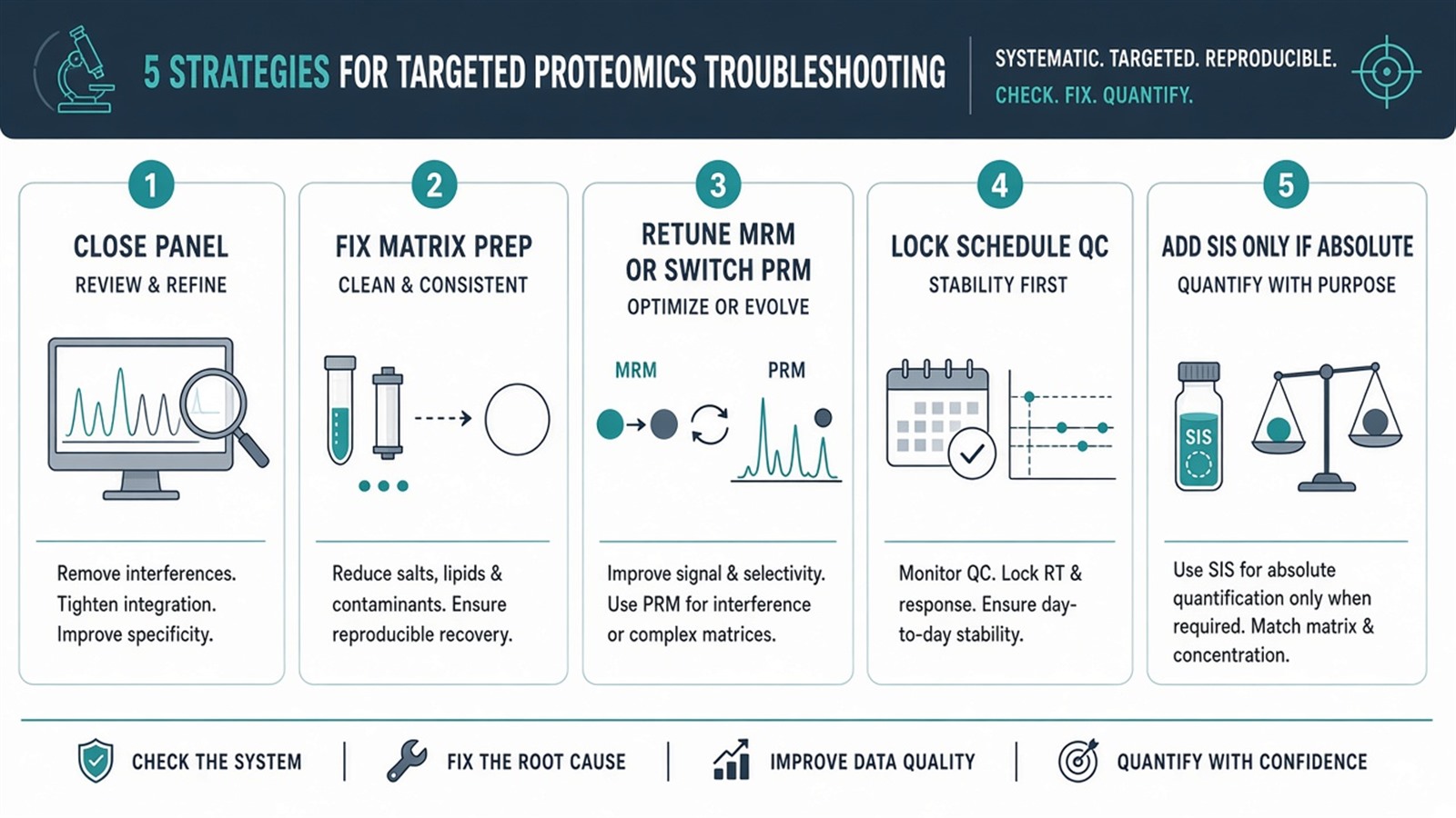 Five ordered strategies to address targeted proteomics challenges from panel closure through prep, MRM or PRM tuning, QC, and optional SIS