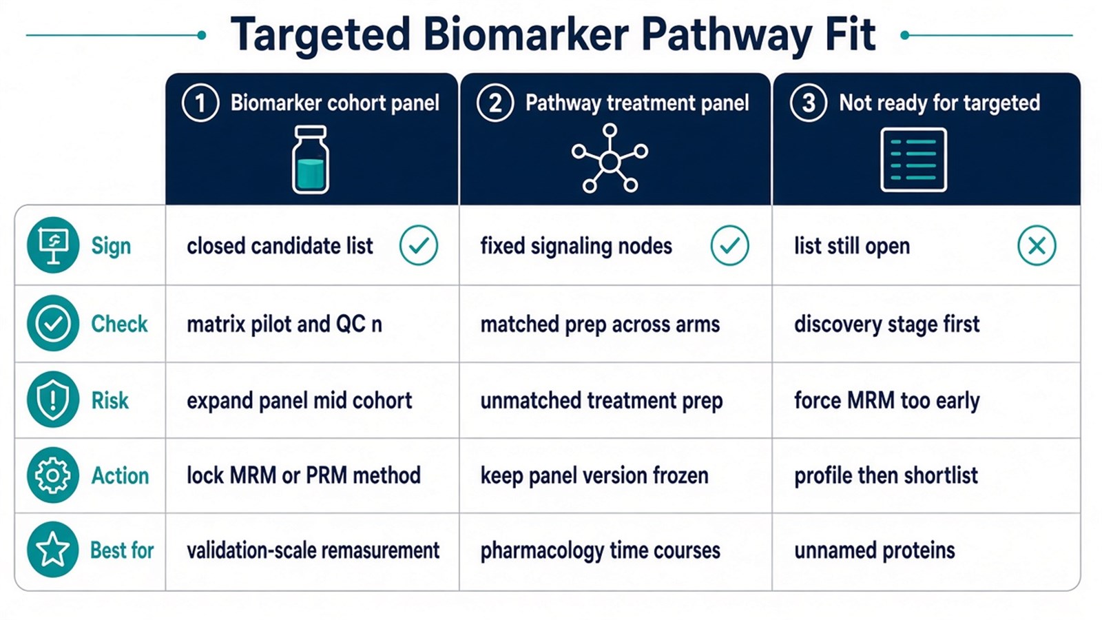 Choosing biomarker versus pathway targeted operations by closed-list status, matrix pilot need, matched prep, and MRM or PRM fit Choosing biomarker versus pathway targeted operations by closed-list status, matrix pilot need, matched prep, and MRM or PRM fit