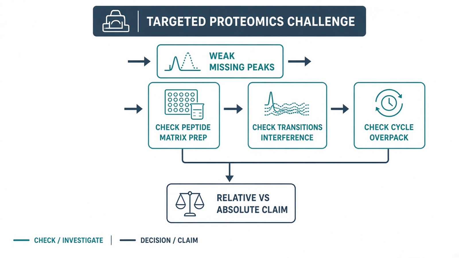 Troubleshooting flow for weak or missing targeted peaks from peptide and matrix checks through transition interference and cycle-time overpack