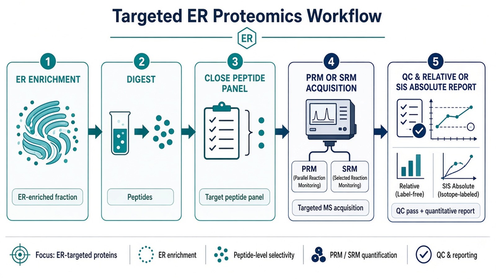 Targeted ER proteomics operational workflow from ER enrichment and digestion through closed peptide panel, PRM or SRM acquisition, and QC reporting Targeted ER proteomics operational workflow from ER enrichment and digestion through closed peptide panel, PRM or SRM acquisition, and QC reporting