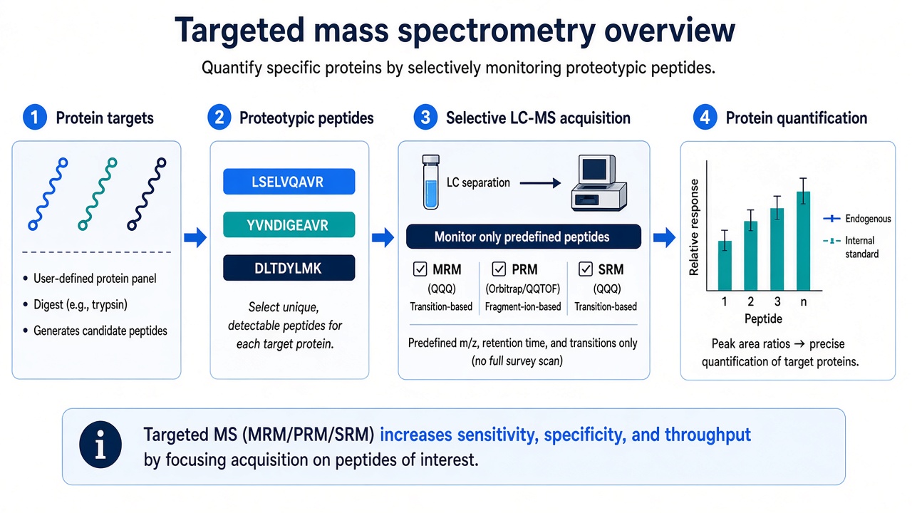 Schematic of targeted mass spectrometry directing LC-MS acquisition toward predefined proteotypic peptides for selective protein quantification Schematic of targeted mass spectrometry directing LC-MS acquisition toward predefined proteotypic peptides for selective protein quantification
