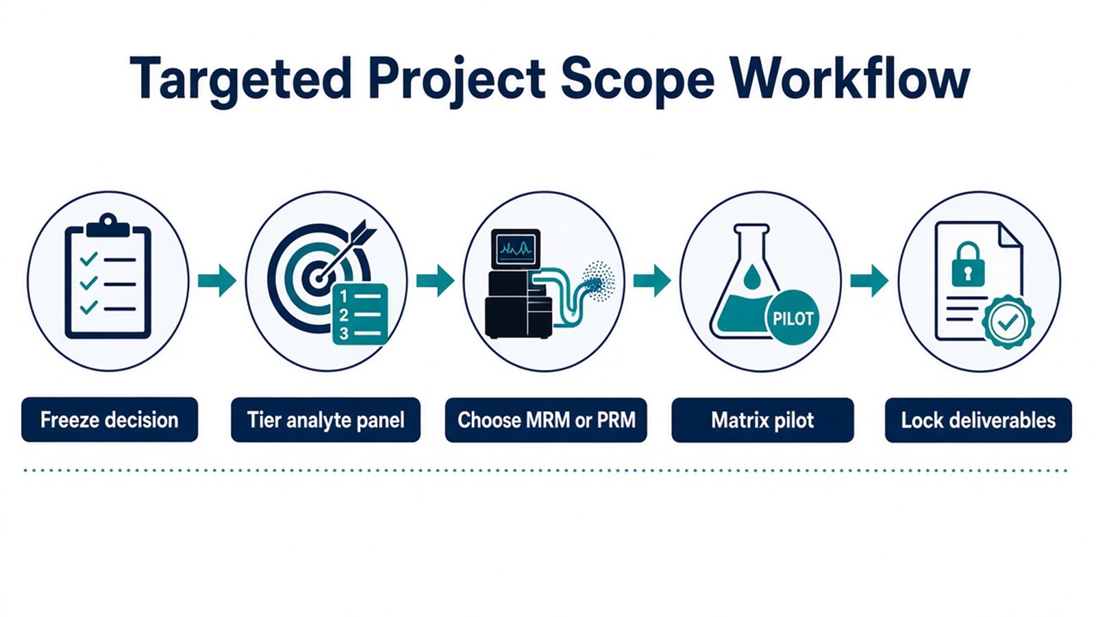 Targeted project scoping workflow from decision and analyte tiers through MRM or PRM choice, matrix pilot, and locked validation deliverables Targeted project scoping workflow from decision and analyte tiers through MRM or PRM choice, matrix pilot, and locked validation deliverables