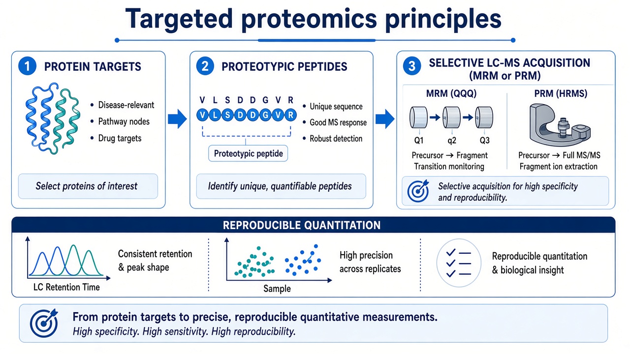 Schematic of targeted proteomics focusing selective LC-MS acquisition on predefined proteotypic peptides for reproducible quantitation Schematic of targeted proteomics focusing selective LC-MS acquisition on predefined proteotypic peptides for reproducible quantitation
