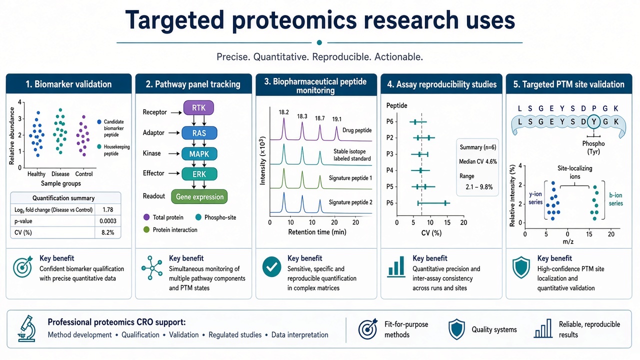 Research uses of targeted proteomics including biomarker validation, pathway panels, biopharmaceutical monitoring, reproducibility studies, and PTM site validation Research uses of targeted proteomics including biomarker validation, pathway panels, biopharmaceutical monitoring, reproducibility studies, and PTM site validation