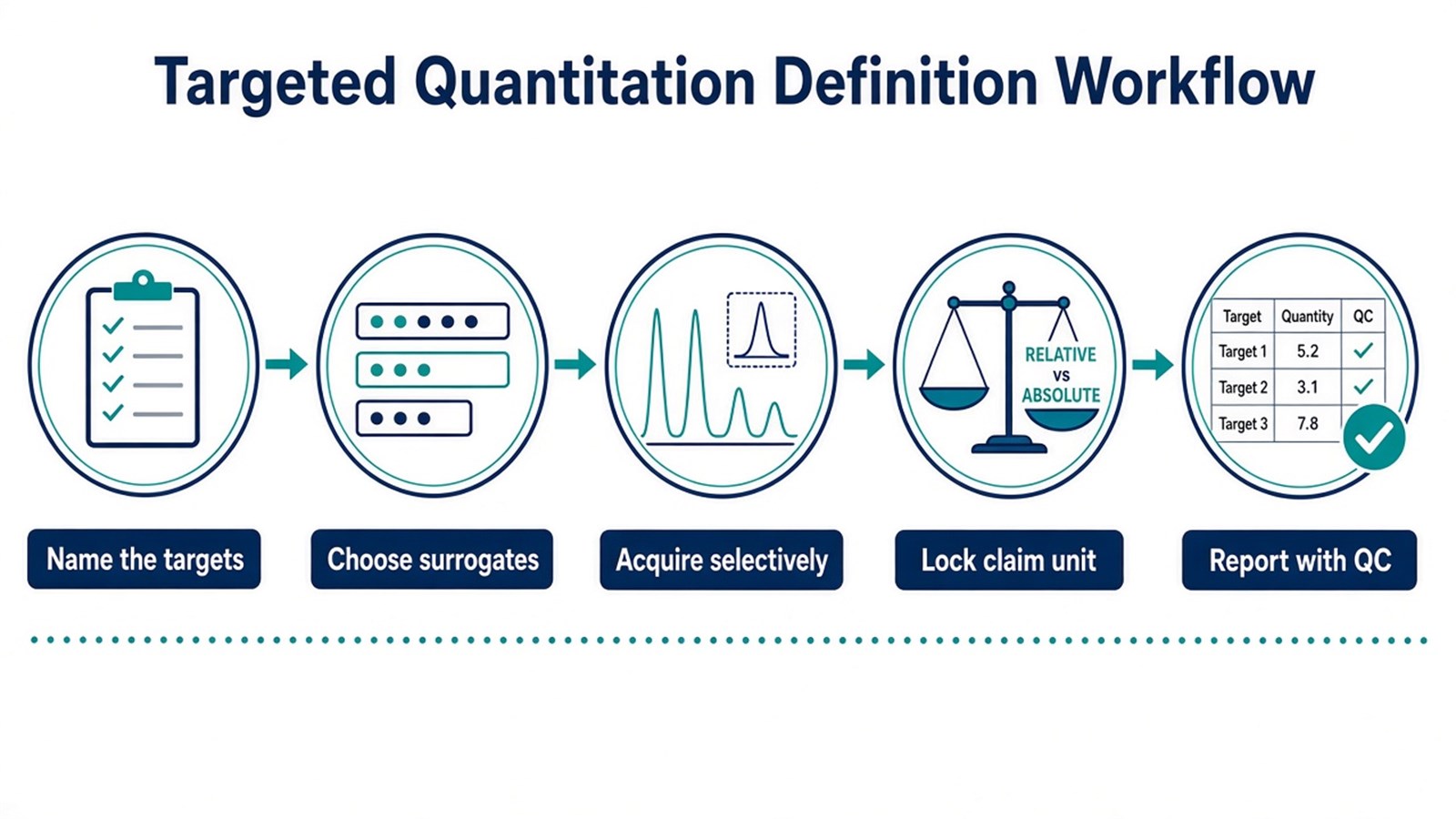 Targeted quantitative proteomics workflow from named targets and surrogate selection through selective acquisition, claim-unit lock, and QC-supported reporting Targeted quantitative proteomics workflow from named targets and surrogate selection through selective acquisition, claim-unit lock, and QC-supported reporting