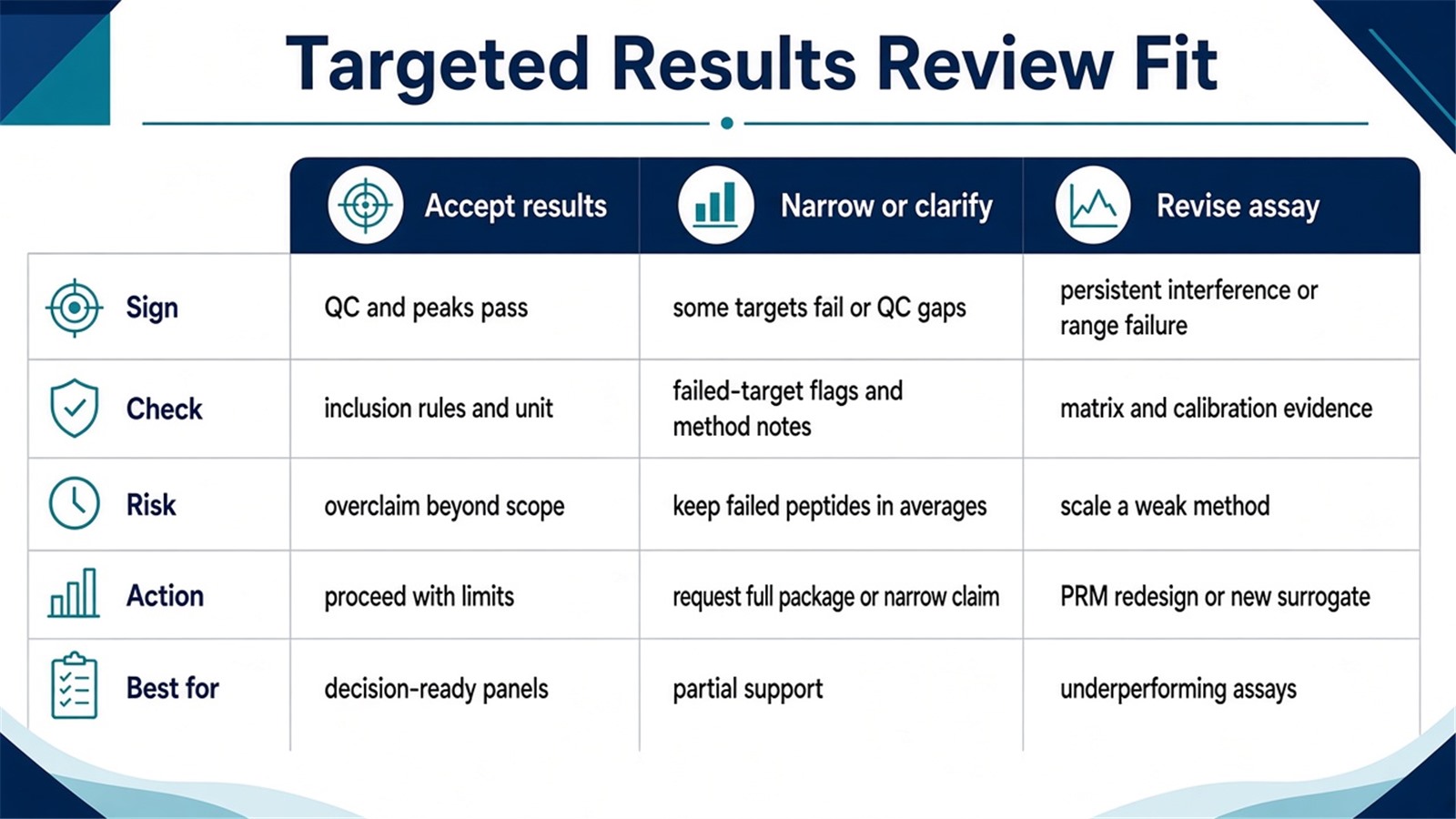 Choosing next actions after targeted MS results review by QC status, failed-target burden, reporting unit, and whether assay revision is required Choosing next actions after targeted MS results review by QC status, failed-target burden, reporting unit, and whether assay revision is required