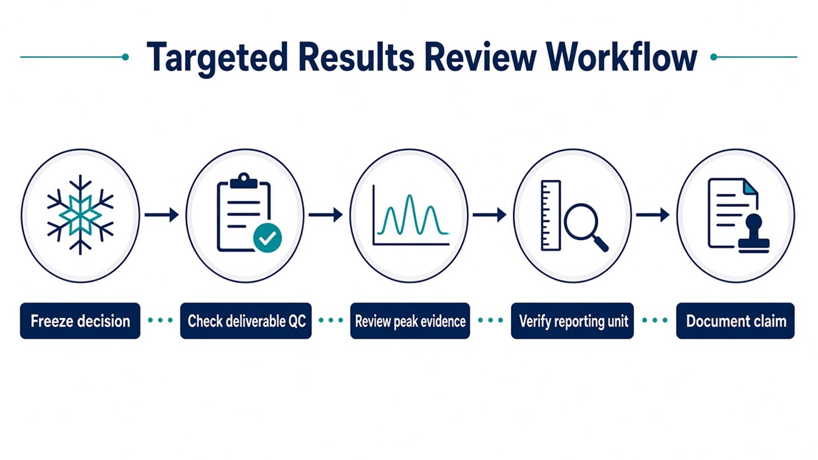 Targeted results review workflow from decision and deliverable scope through QC and peak review, failed-target handling, reporting-unit check, and documented claim Targeted results review workflow from decision and deliverable scope through QC and peak review, failed-target handling, reporting-unit check, and documented claim