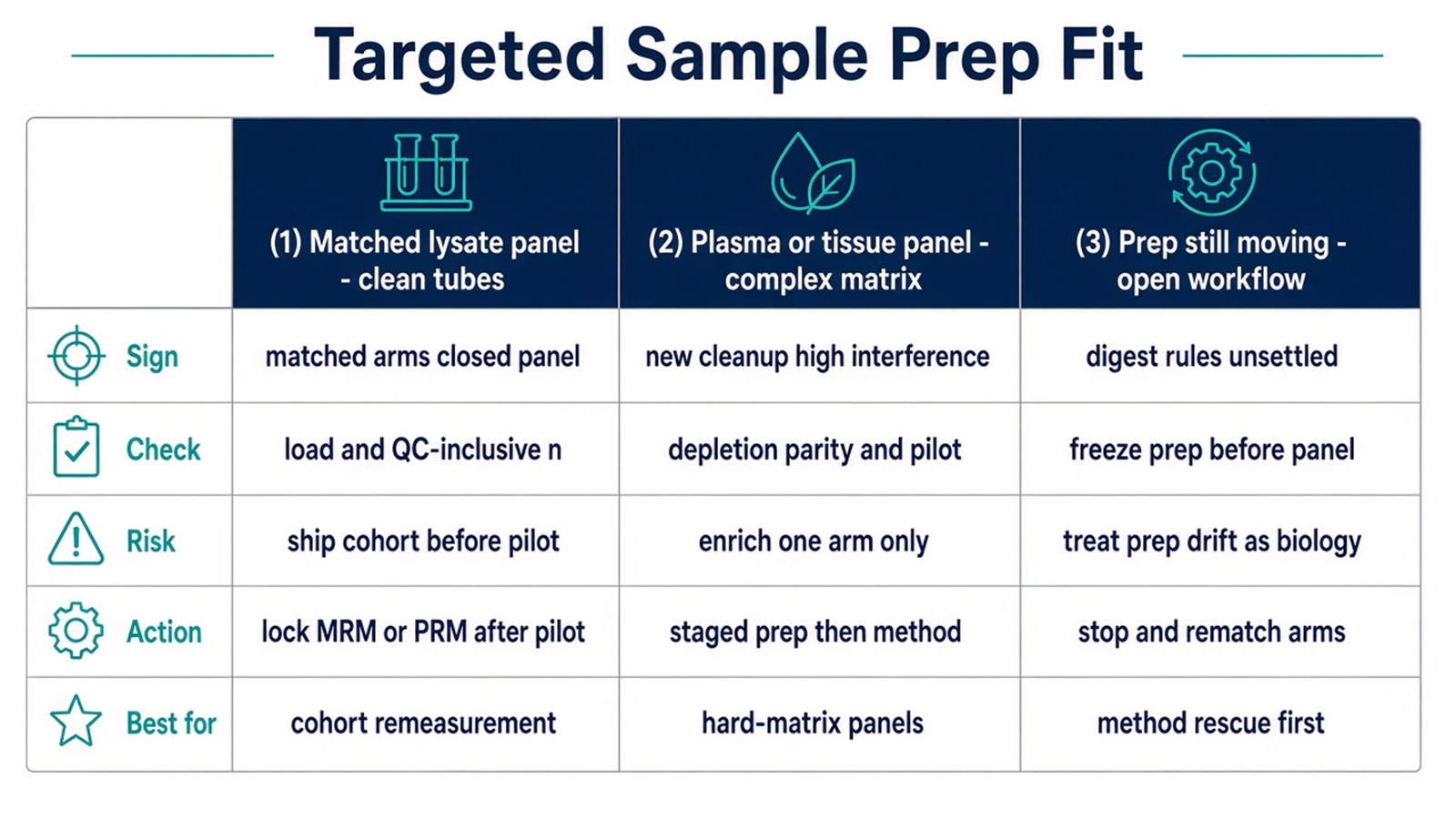 Choosing targeted sample and pretreatment scope by matrix difficulty, prep parity, closed panel status, and QC-inclusive sample count