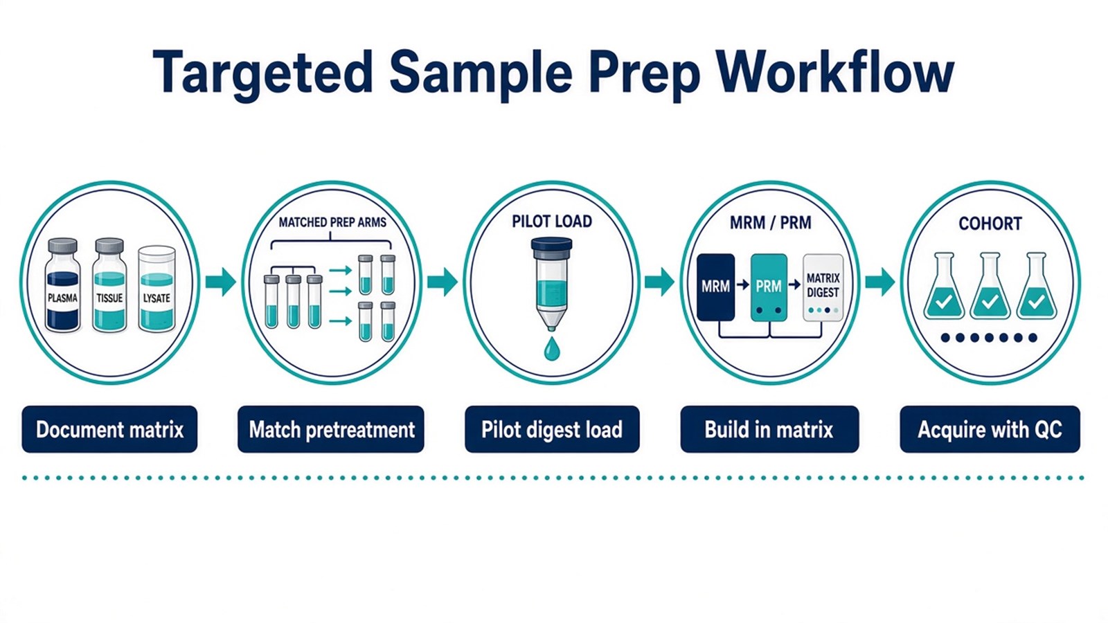 Targeted proteomics sample-prep workflow from matrix documentation and matched pretreatment through digest-load pilot, matrix-matched method build, and QC-inclusive acquisition
