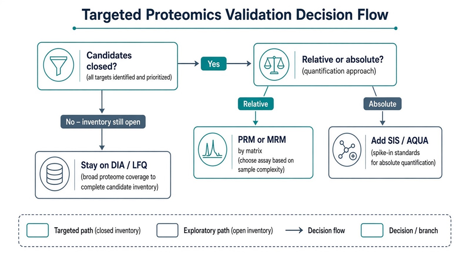 Decision flow from closed candidates to relative PRM or MRM validation, SIS absolute designs, or continued DIA LFQ discovery