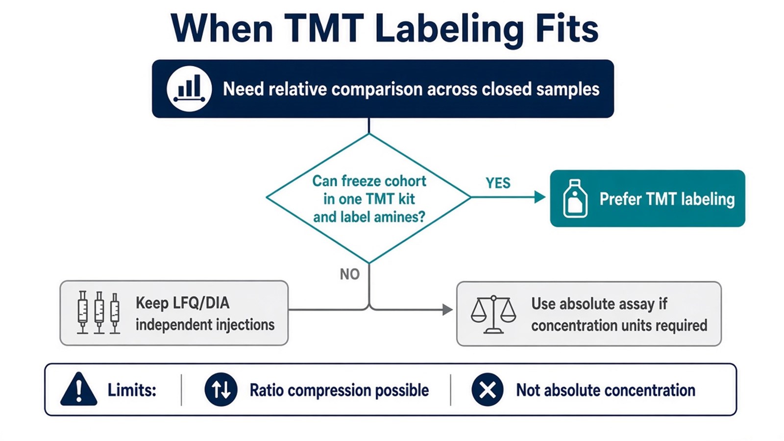 Decision flow preferring TMT labeling when a closed amine-labeled plex supports relative comparison, or LFQ/DIA and absolute assays when those conditions fail Decision flow preferring TMT labeling when a closed amine-labeled plex supports relative comparison, or LFQ/DIA and absolute assays when those conditions fail