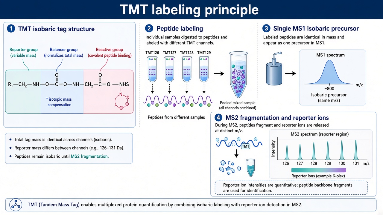 Schematic of TMT tag components, isobaric MS1 precursor pooling, and MS2 reporter readout for multiplexed channels Schematic of TMT tag components, isobaric MS1 precursor pooling, and MS2 reporter readout for multiplexed channels