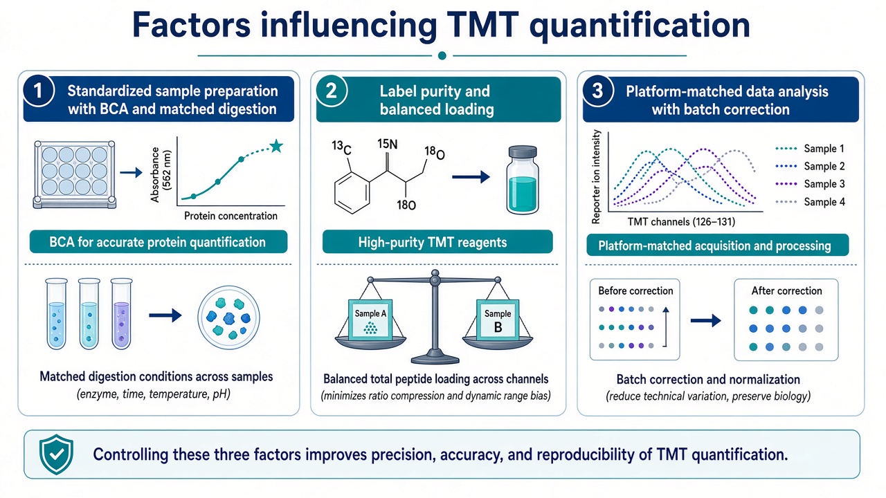 Key factors influencing TMT quantification including matched sample preparation, label purity and balanced loading, and batch-aware data analysis Key factors influencing TMT quantification including matched sample preparation, label purity and balanced loading, and batch-aware data analysis