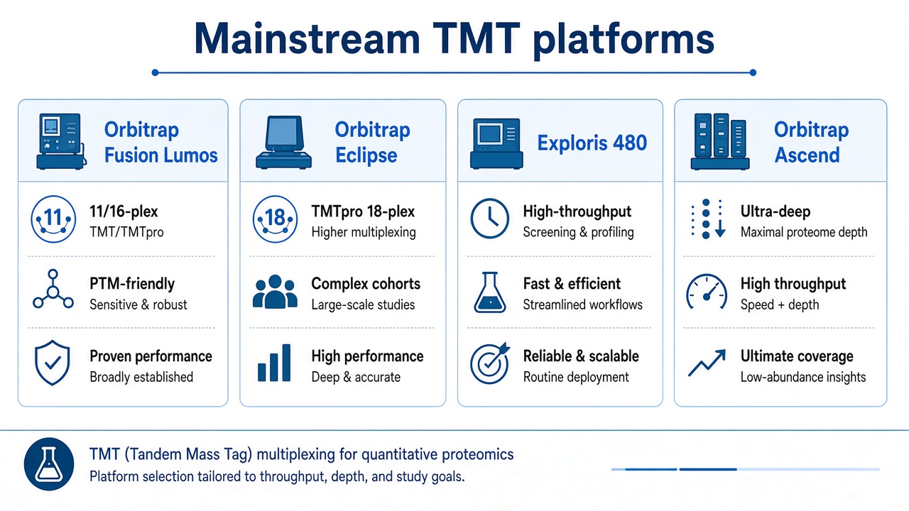 Overview of mainstream TMT quantification platforms including Fusion Lumos, Eclipse, Exploris 480, and Ascend with typical plex and use cases Overview of mainstream TMT quantification platforms including Fusion Lumos, Eclipse, Exploris 480, and Ascend with typical plex and use cases