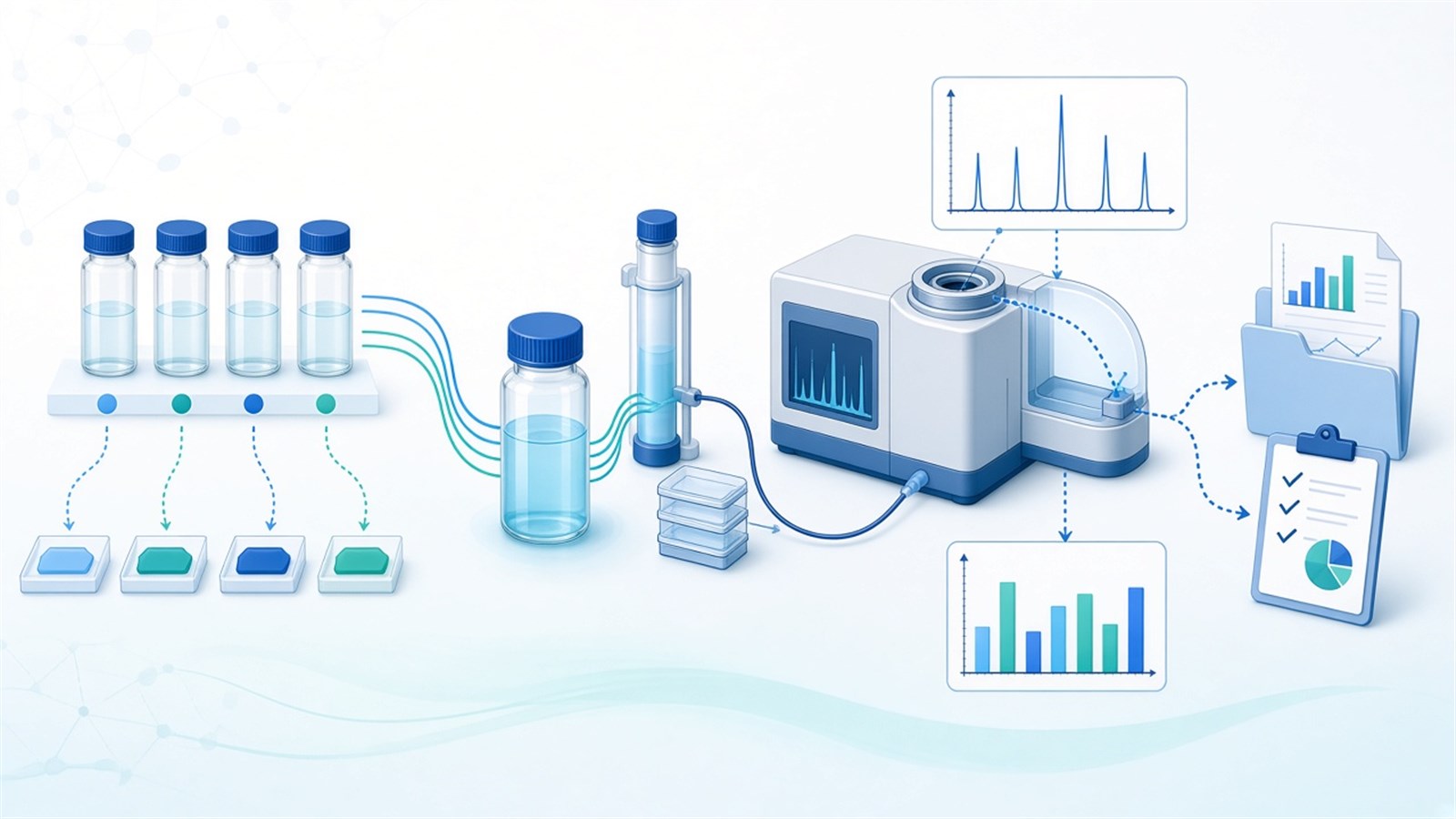 TMT labeling quantitation workflow from matched digests and channel map through labeling, mixing, MS2 or MS3 acquisition, and predefined relative contrast reporting