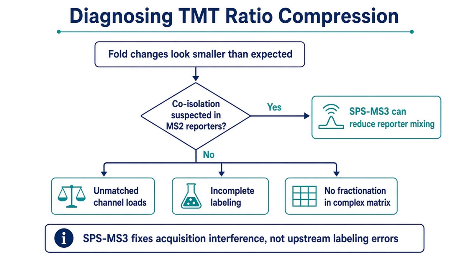 Diagnostic flow from underestimated TMT fold changes to co-isolation versus unmatched loads, incomplete labeling, or missing fractionation