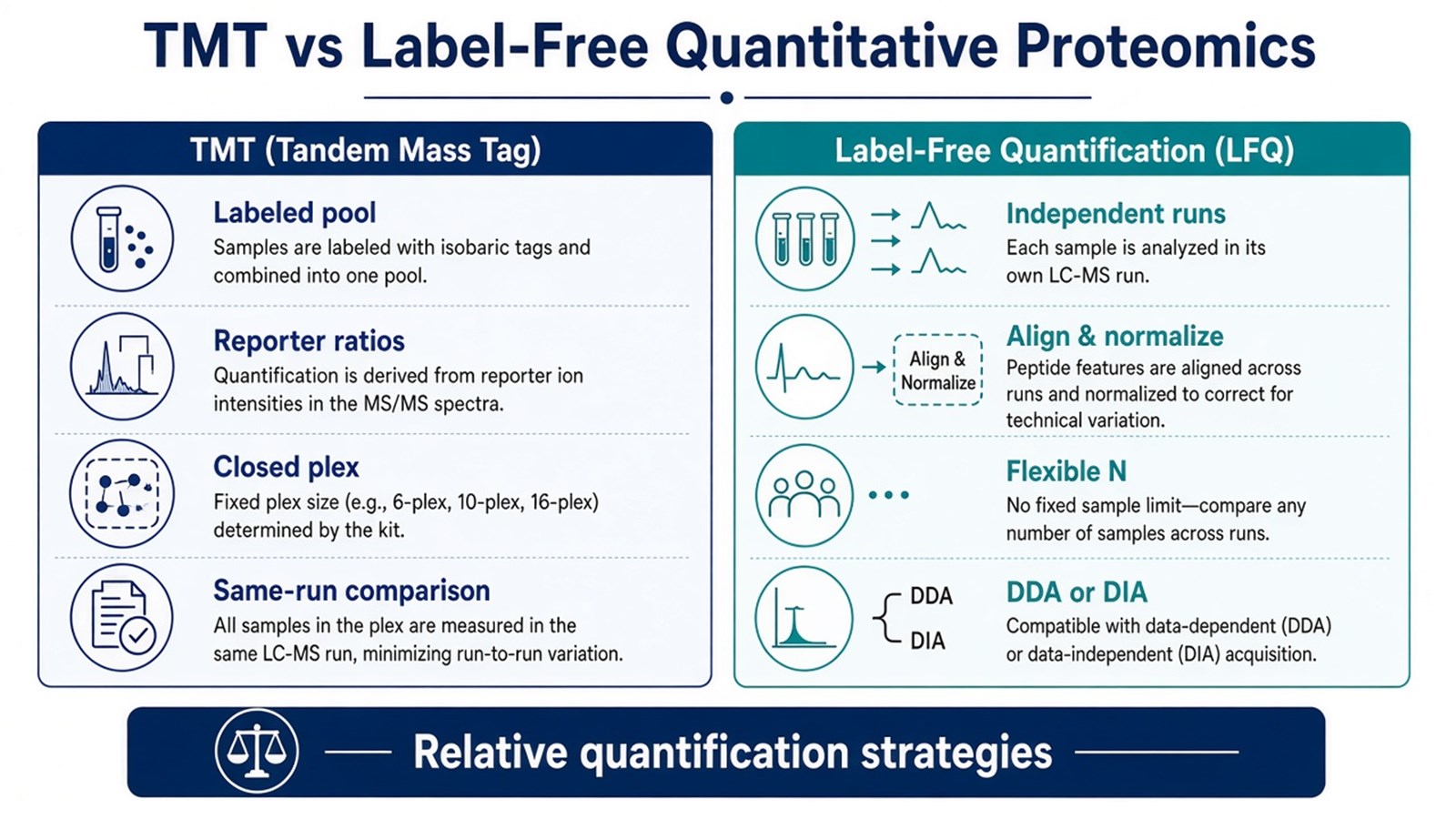 Two-column overview of TMT quantitative proteomics with labeled pooled reporter ratios versus label-free quantitative proteomics with independent runs and alignment Two-column overview of TMT quantitative proteomics with labeled pooled reporter ratios versus label-free quantitative proteomics with independent runs and alignment