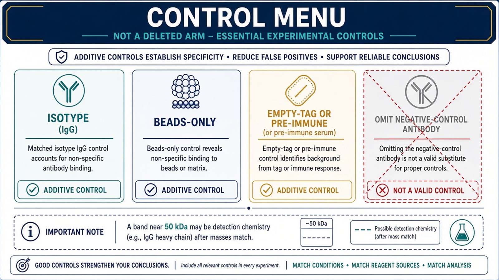 Isotype, beads-only, and empty-tag are additive controls; omitting IgG is not a troubleshooting step Isotype, beads-only, and empty-tag are additive controls; omitting IgG is not a troubleshooting step