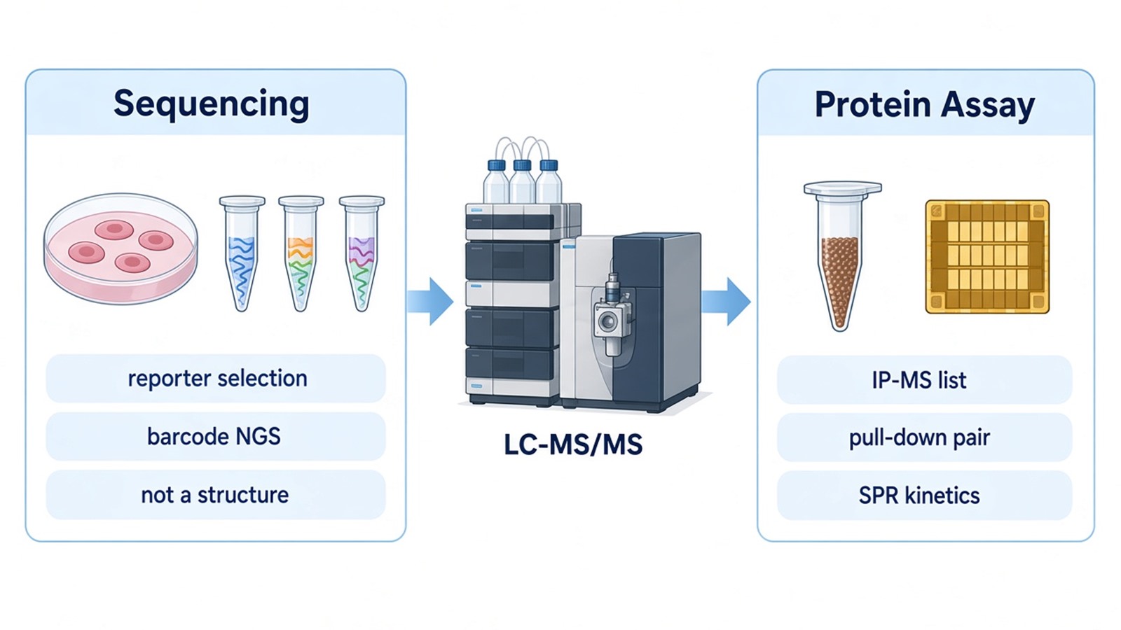 Sequencing readout of library barcodes versus protein assays such as IP-MS, pull-down, and SPR Sequencing readout of library barcodes versus protein assays such as IP-MS, pull-down, and SPR