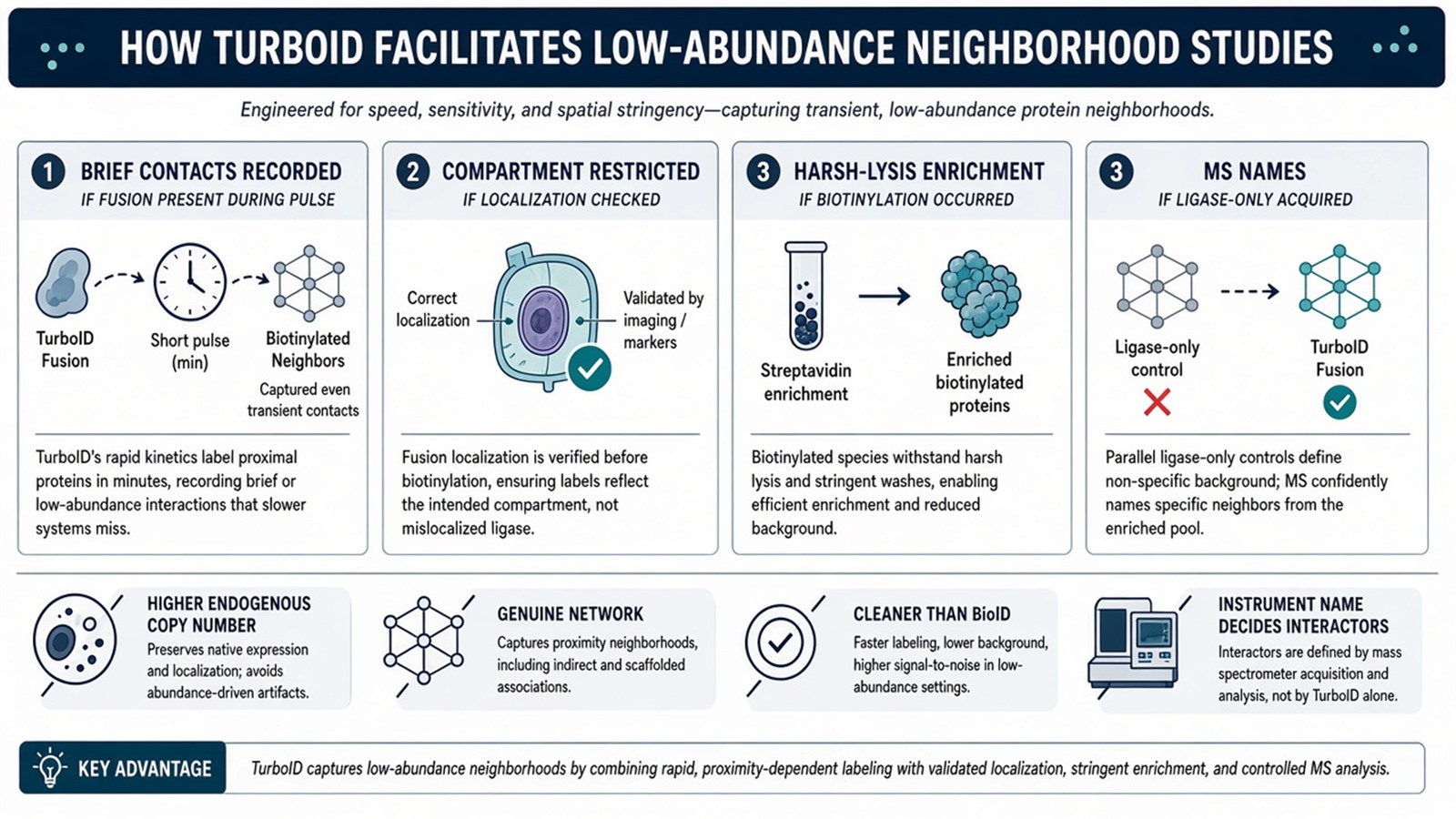 Low-abundance help is covalent biotin plus harsh-lysis enrichment, not a higher copy number of the bait Low-abundance help is covalent biotin plus harsh-lysis enrichment, not a higher copy number of the bait