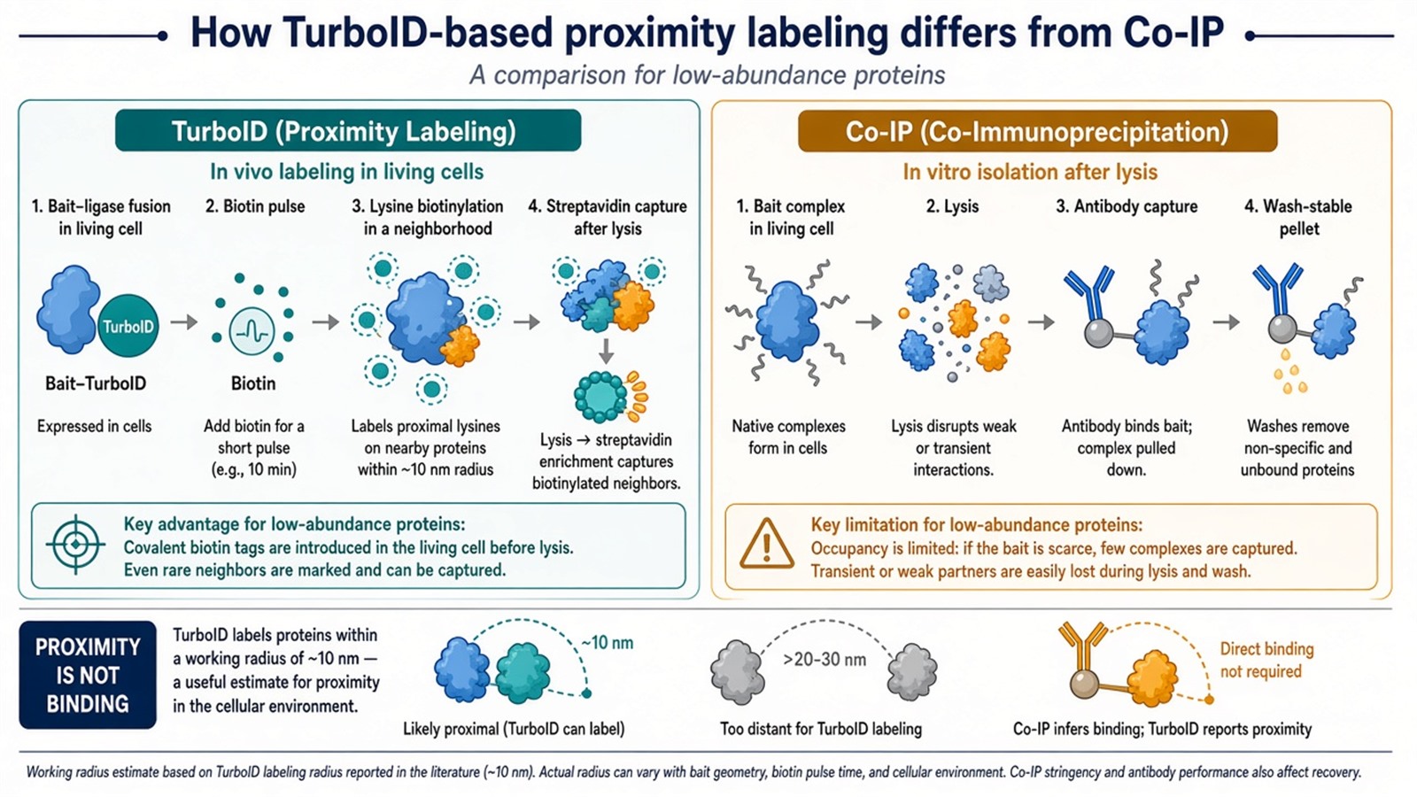 TurboID labels a live-cell neighborhood; Co-IP recovers a wash-stable pellet. Proximity is not binding TurboID labels a live-cell neighborhood; Co-IP recovers a wash-stable pellet. Proximity is not binding