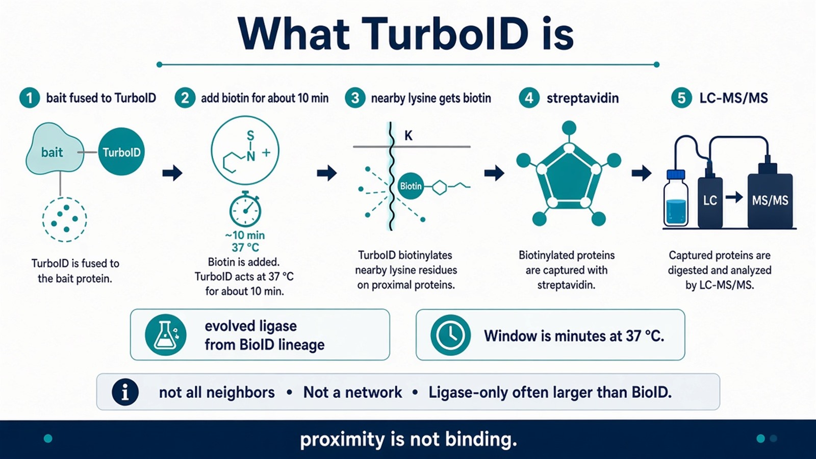 TurboID biotinylates nearby lysines in about ten minutes; it does not label every neighbor or draw a network TurboID biotinylates nearby lysines in about ten minutes; it does not label every neighbor or draw a network