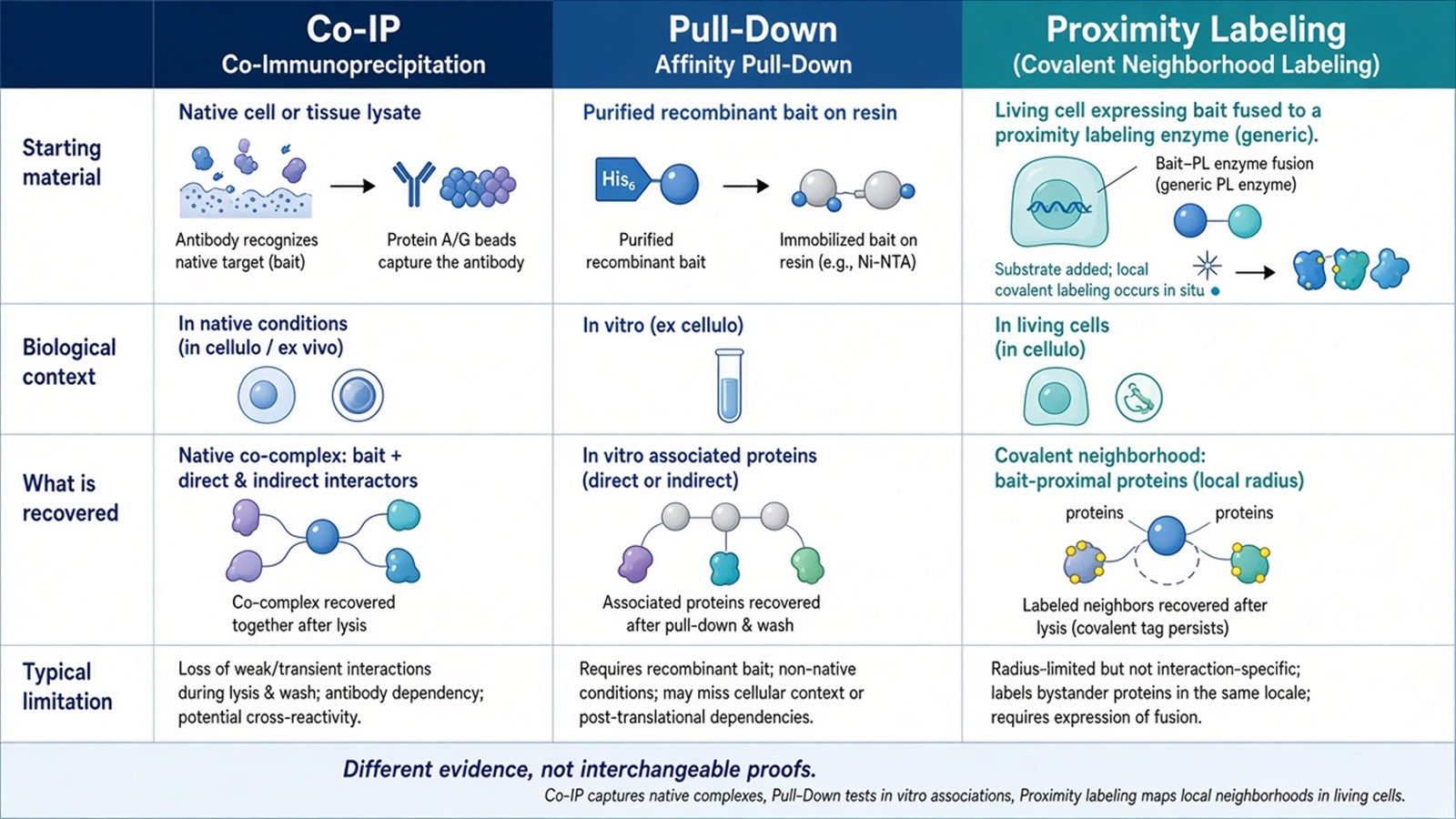 Three-column comparison of native Co-IP, recombinant Pull-Down, and cellular proximity labeling by material and context Three-column comparison of native Co-IP, recombinant Pull-Down, and cellular proximity labeling by material and context