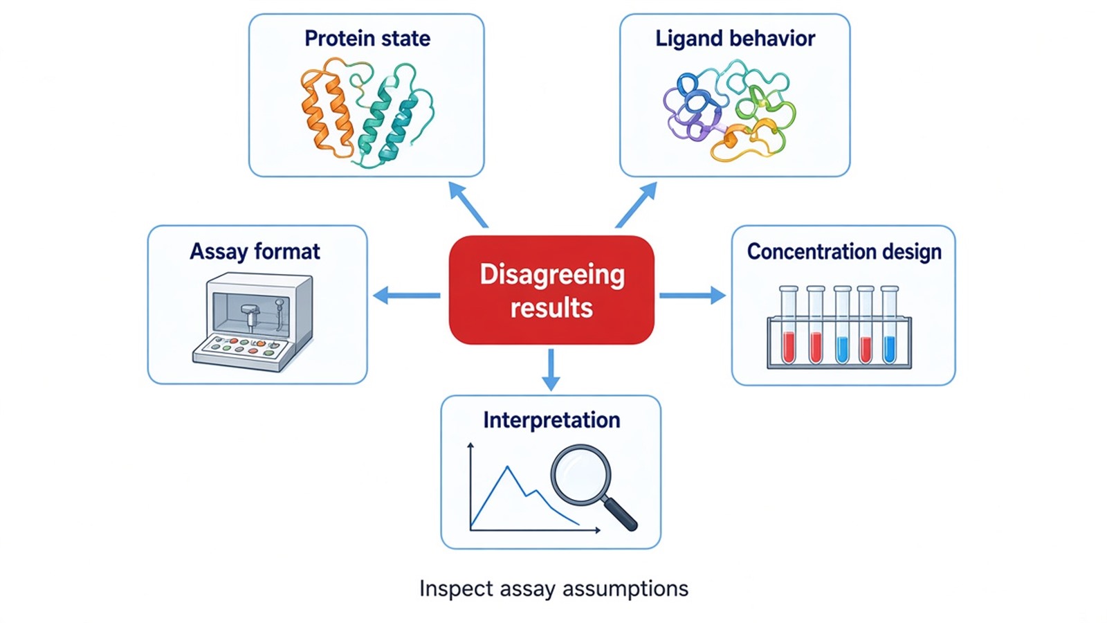 Fishbone analysis of protein, ligand, assay, concentration, and interpretation pitfalls Fishbone analysis of protein, ligand, assay, concentration, and interpretation pitfalls