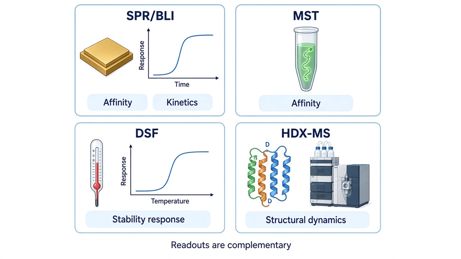 Matrix linking protein-ligand assays to affinity, kinetic, stability, and structural readouts Matrix linking protein-ligand assays to affinity, kinetic, stability, and structural readouts